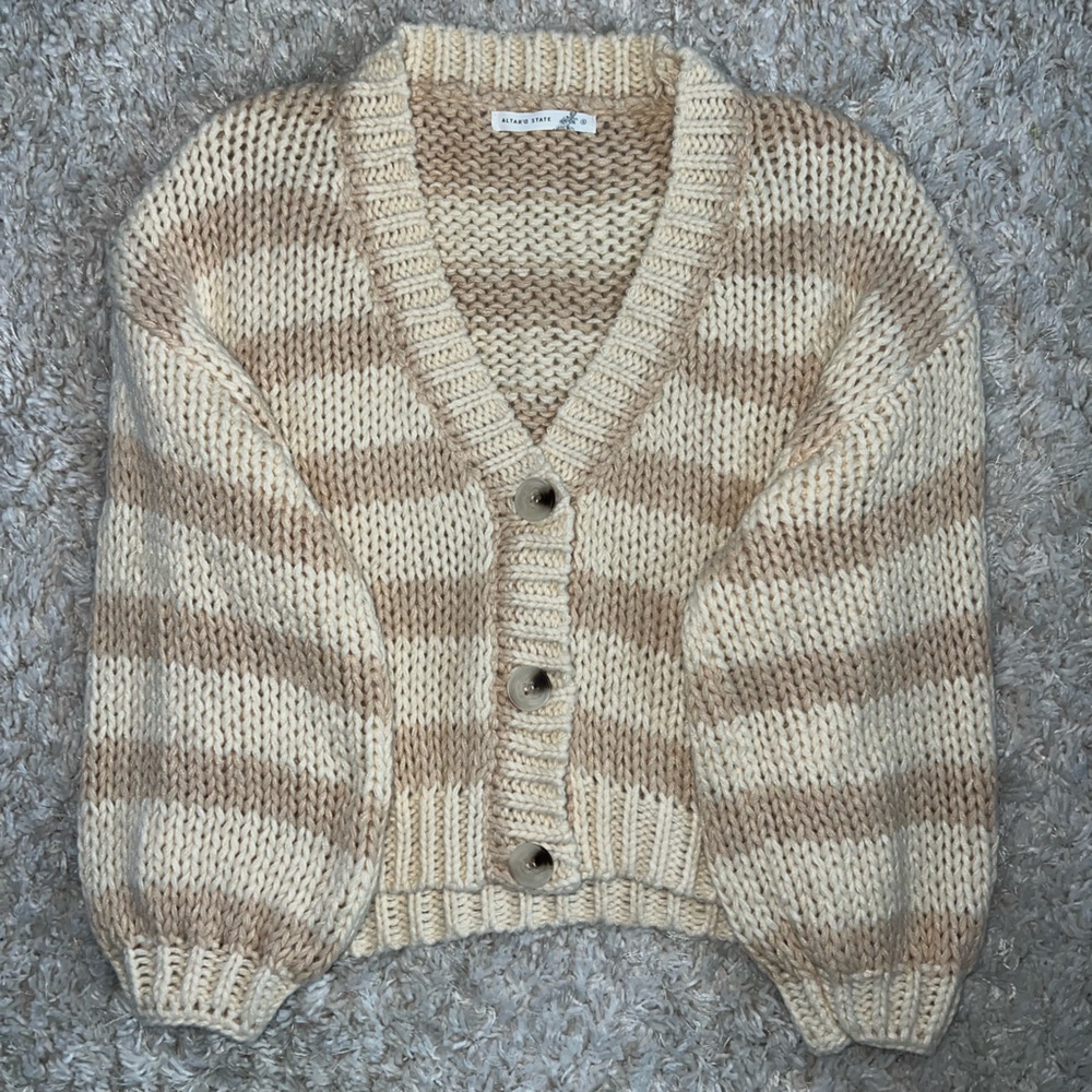 Altar’d State Cozy Striped Cardigan Sweater - Cream and Tan